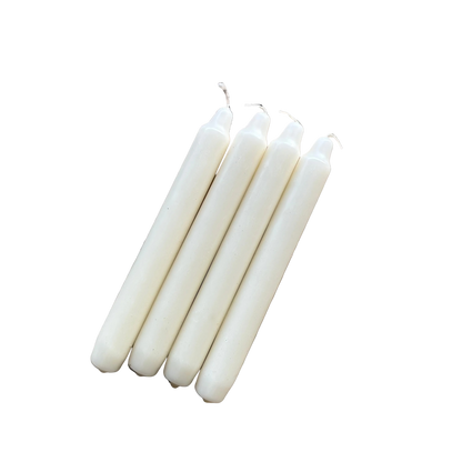 White candles on a wooden surface with 'Cantrip Candles' packaging.