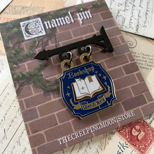 Bookshop Sign Hanging Enamel Pin - Cantrip Candles