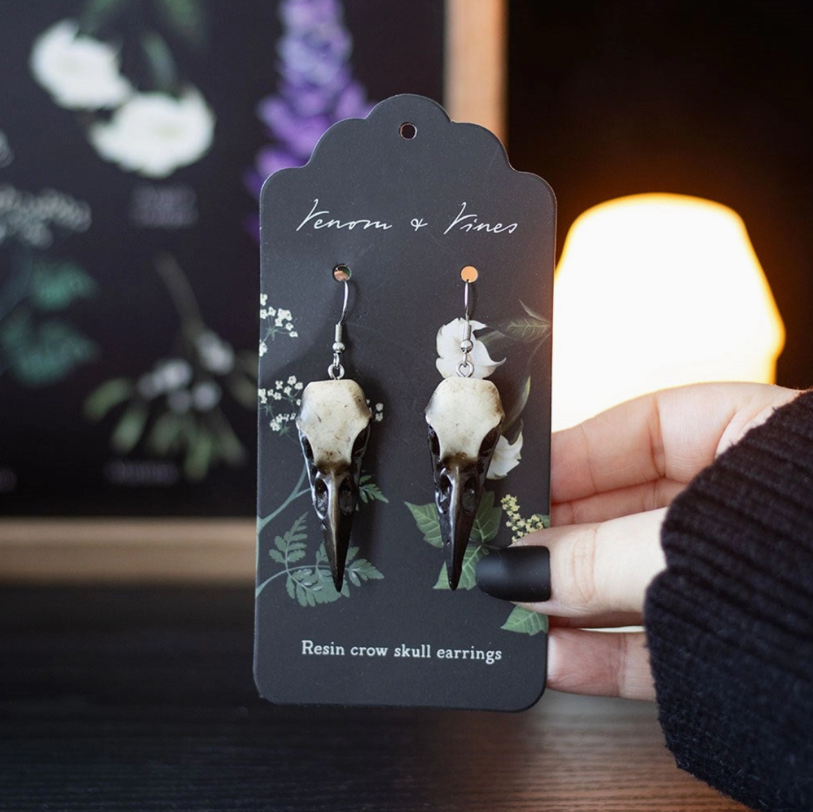 Resin Crow Skull Earrings - Cantrip Candles
