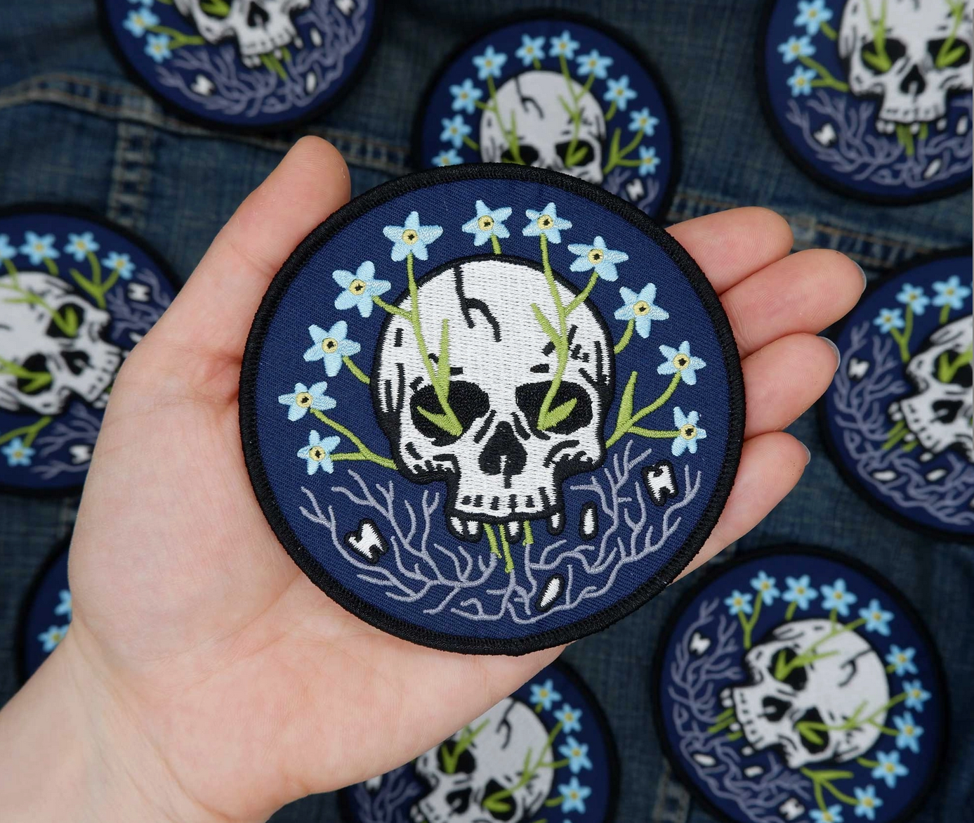 Forget-Me-Not Skull Embroidered Patch - Cantrip Candles